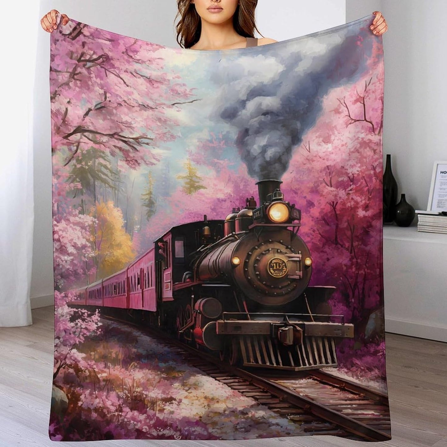 Train Floral Print Throw Blanket for Couch Bed Plush Cozy Fuzzy Flannel Blanket for All Season 55"x70"