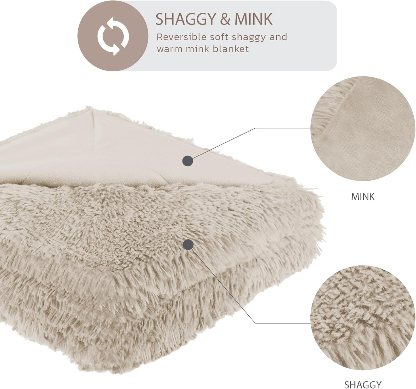 Hyde Lane Fluffy Cute Throw Blankets for Couch Sofa, 2 Way Reversible Ultra Soft Long Faux Fur, Shaggy Cozy Fuzzy Blanket Beige/Khaki, 60x80