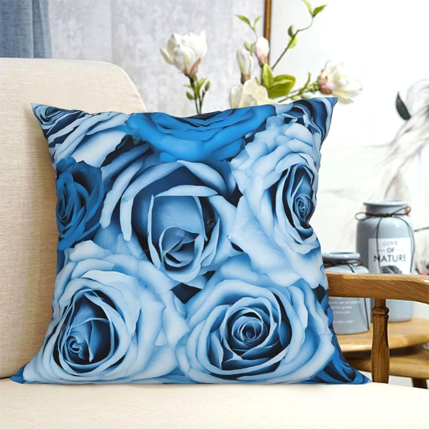 All-Season Square Pillow Covers 18"X18", Turquoise Rose, Decorative Throw Pillow Covers for Sofa Bed Couch, Hidden Zipper Cushion Cover, Square Lumbar & Accent Pillowcases for Home Decor