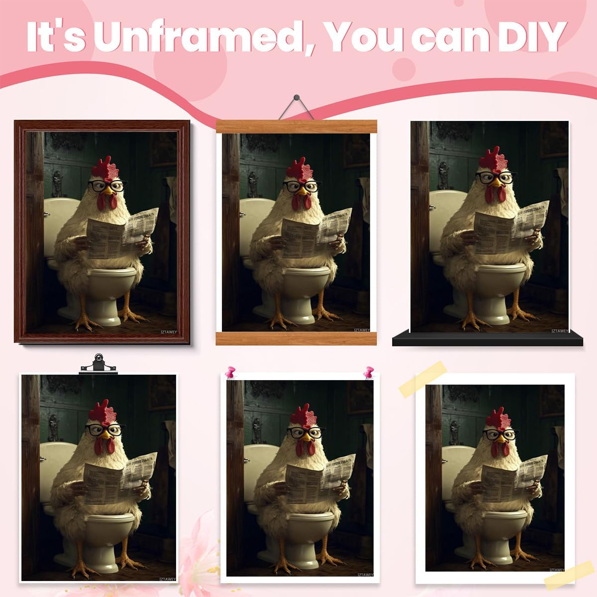 IZTAWEY Funny Chicken Reading Newspaper on Toilet, Canvas Wall Art Print, Cute Animals Picture Wall Decor for Home Bedroom Kitchen Living Room Bathroom Office Cafe 12x16inch No Frame