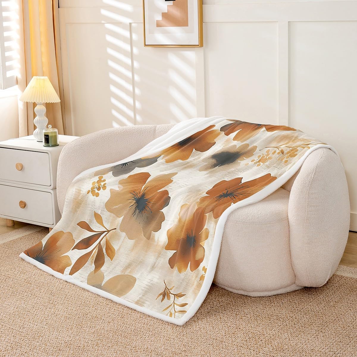 Feelyou Twin 60"x80" Floral Fleece Throw Blanket for Bed Sofa Couch Brown Flower Fuzzy Blanket Blossom Flowers Watercolor Sherpa Blanket Room Decorations Fuzzy Blanket