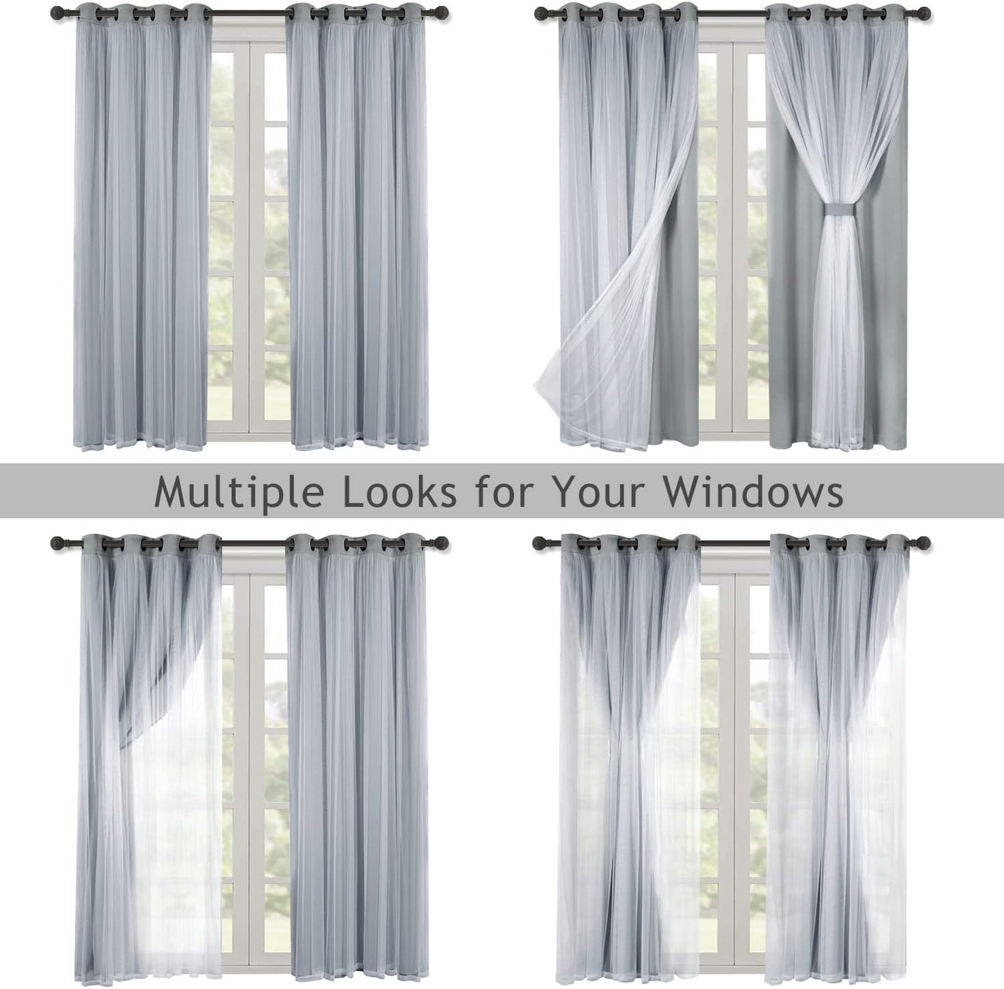 BONZER White Sheer Tulle Overlay Blackout Curtains Grommet Top Mix and Match Curtains for Bedroom, Cloud Grey, 52x63 Inch, Set of 2 Panels
