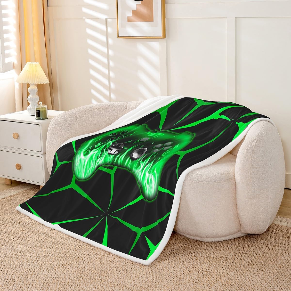 Feelyou Kids Gamer Sherpa Blanket,3D Video Gaming Fleece Throw Blanket for Teens Boys,Green and Black Game Console Plush Blanket,Geometric Game Contoller Fuzzy Blanket for Sofa Bed Couch 90"x90"