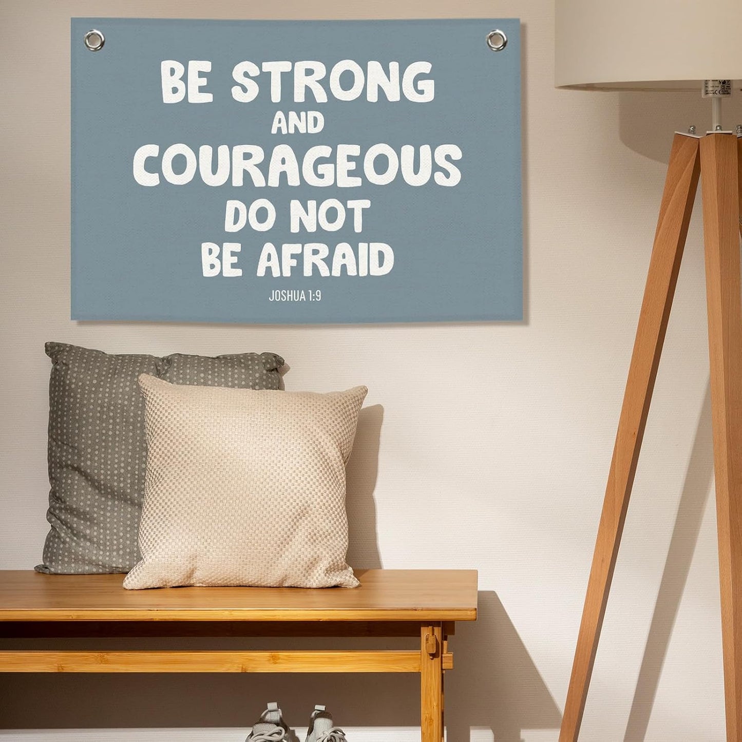 Blue Christian Kids Boys Banner Canvas, Bible Verse Be Strong Courageous Toddler Room Decor, Inspirational Hanging Flag Sign, Nursery Wall Tapestry Art for Playroom Bedroom Classroom 20x30in