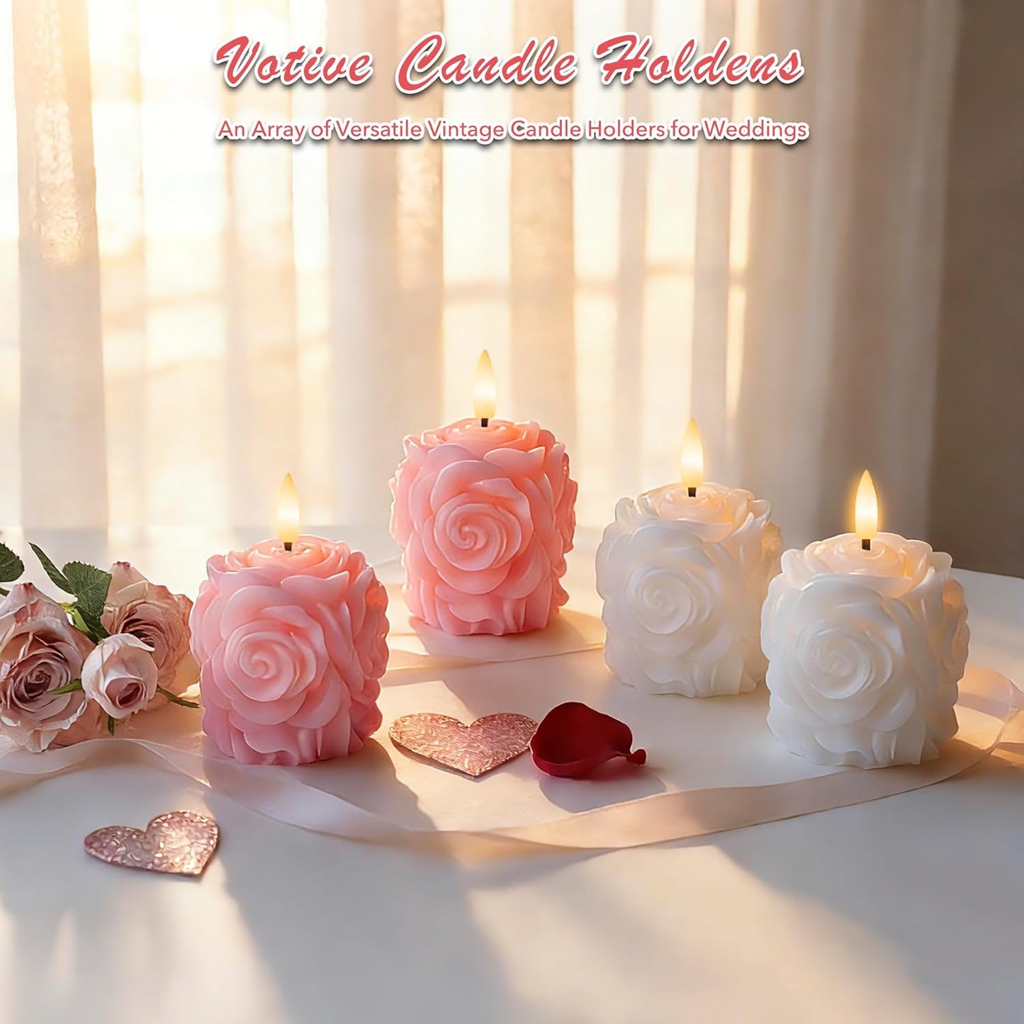 Valentine Day Rose Flameless Candles with Remote and Timer, 2 Pack Flickering LED Candles for Proposal Wedding Anniversary Romantic Night, White