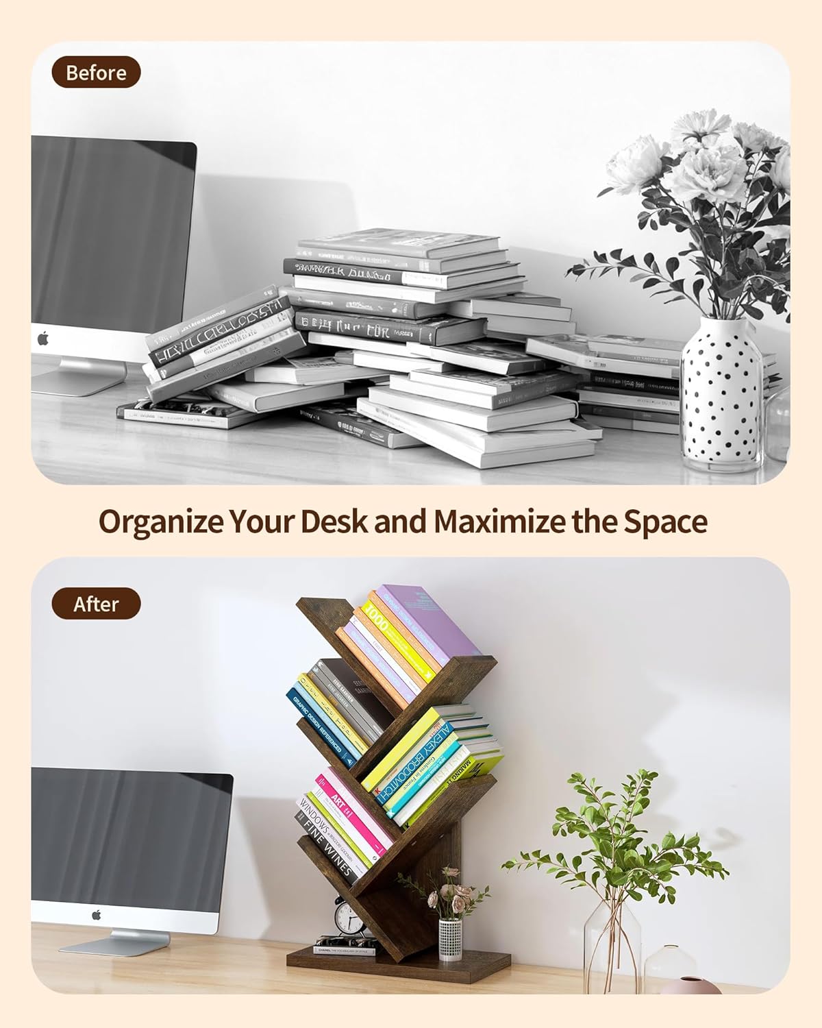 Godferyxin Tree Bookshelf with Liting,Small Bookshelf LED and Desktop Book Shelf for Office, Home or School Mini Bookcase for Wood Displaying Books, CDs, Magazines Wood Shelf Rack
