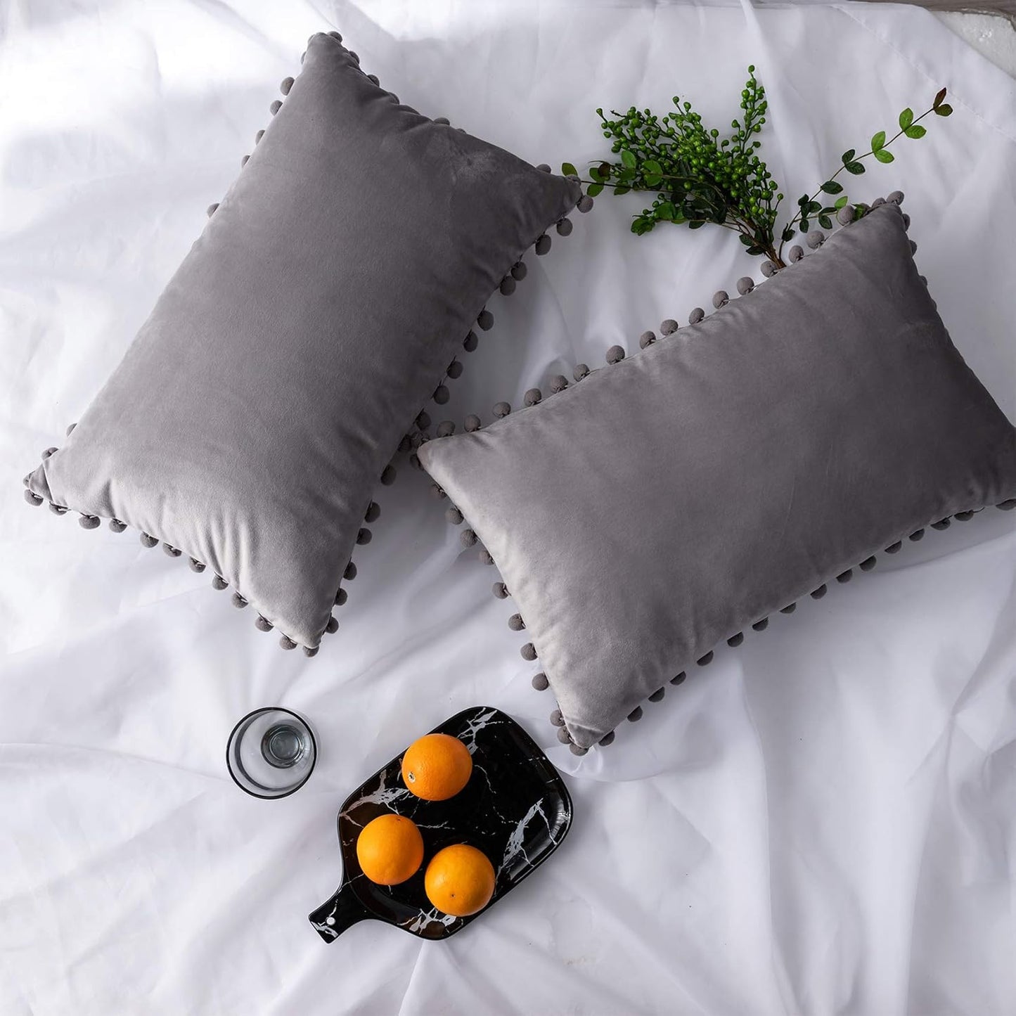 Grey Throw Pillow Covers 12 X 20 Decorative Pom-poms Soft Velvet Solid Lumbar Cushion Covers for Sofa Couch Bedroom Car, Pack of 2