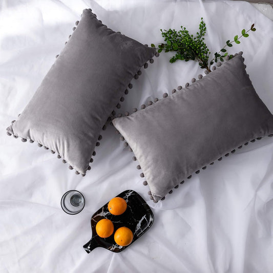Grey Throw Pillow Covers 12 X 20 Decorative Pom-poms Soft Velvet Solid Lumbar Cushion Covers for Sofa Couch Bedroom Car, Pack of 2