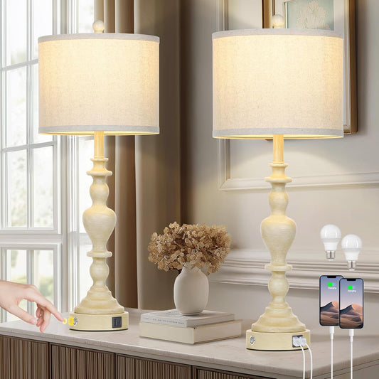27" Farmhouse Table Lamps Set of 2, Vintage Bedside Lamps with USB A+C Charging Ports, 3-Way Dimmable Touch Control Traditional Nightstand Lamp for Living Room Beige (Bulbs Included)