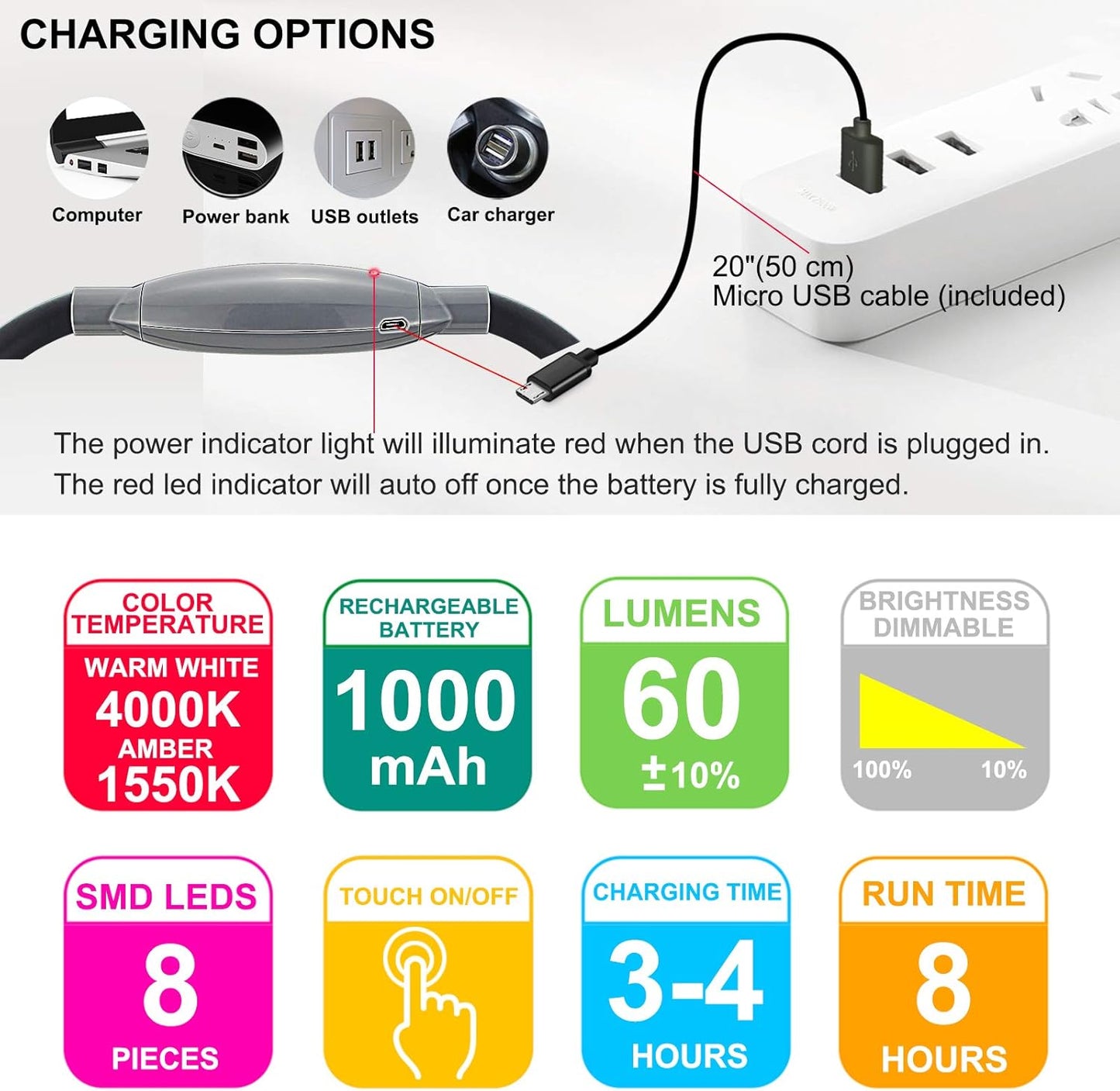 LED Neck Reading Light, Rechargeable 8 LED 2 Modes, Bendable Arms Swing Head, Brightness Adjustable Amber Light for Reading, Camping, Repairing, Knitting