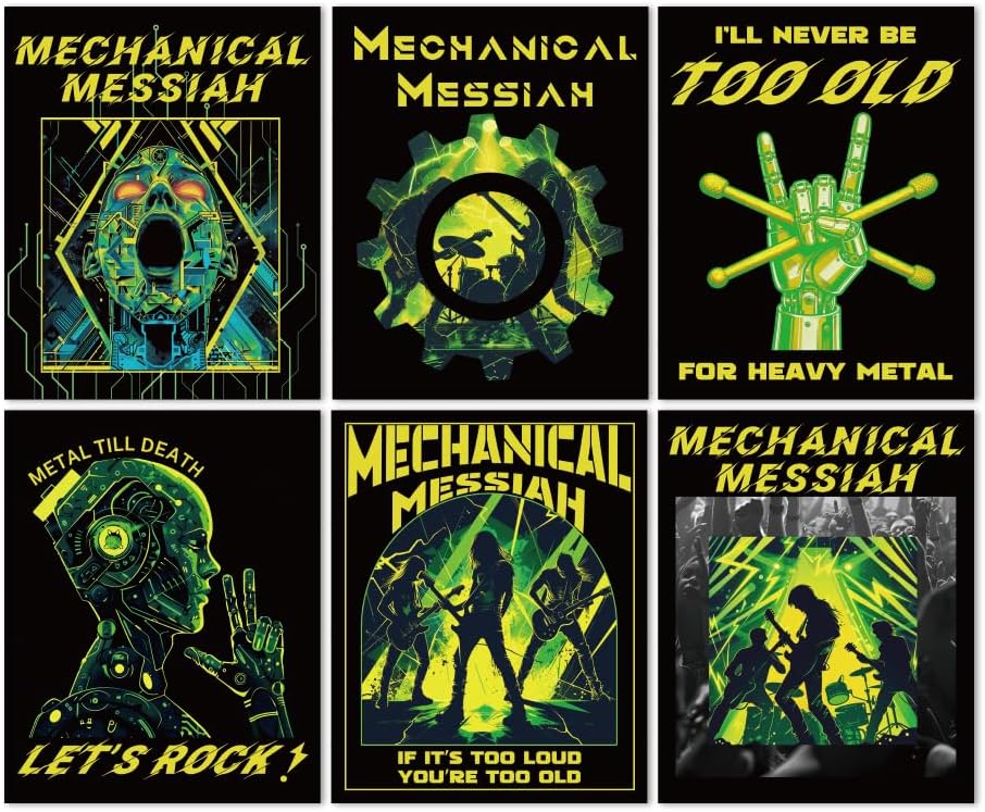 CRAFTYMELODY Cyberpunk Wall Art Prints Set of 6 Neon Green Rock Band Poster Wall Decor Home Artworks for Gallery Living Dining Room Bedroom Bathroom Home Decoration 8x10 Inch Unframed
