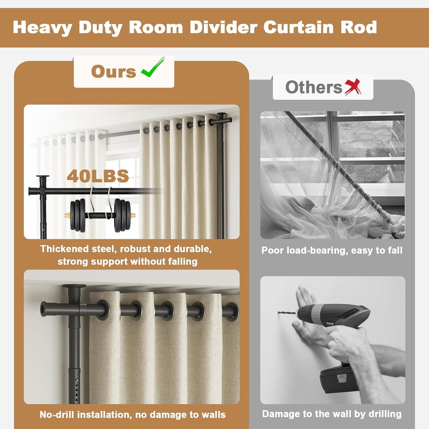 Mr IRONSTONE Room Divider Curtain Rod No Drilling, Partition Room Dividers 4-10ft(H) 28-144inch(W) Adjustable, Heavy Duty Tension Rod Floor to Ceiling Freestanding, Wall Divider for Room Separation