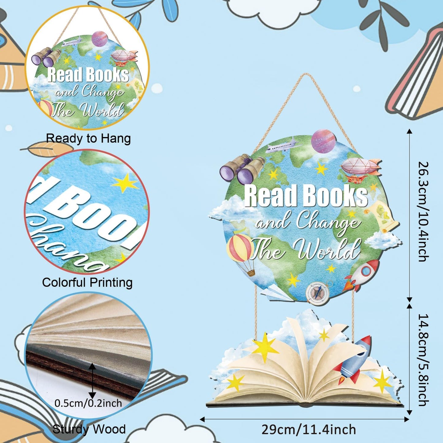 TOARTi Read Books and Change The World Motivational Sign Hanging(11.4''x16.2''), Rustic Reading Corner Classroom Library Wall Decor, Inspirational Reading Sign Plaque Gift for Book Reading Lover Kids