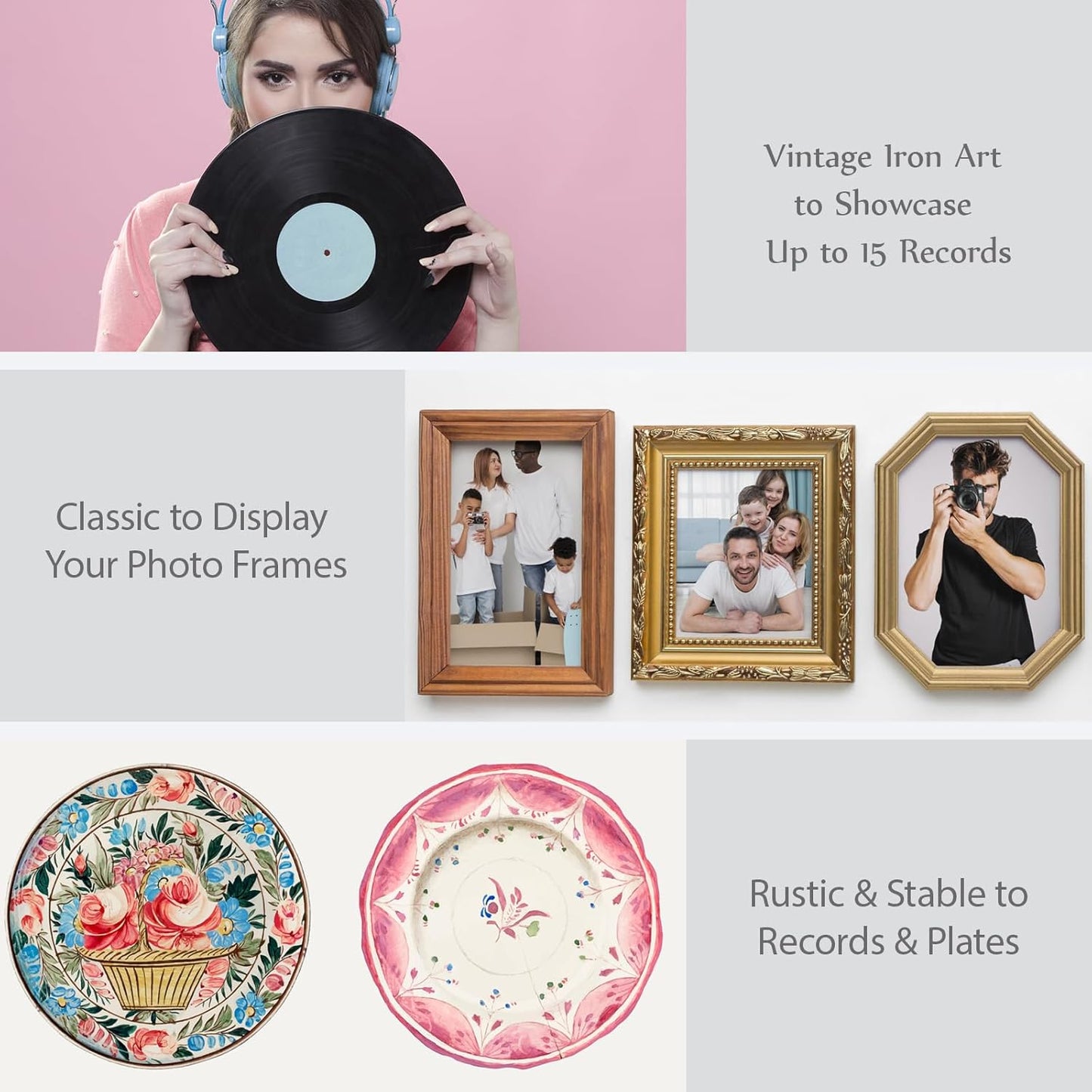 Vinyl Record Holder Stand, Metal Easel Display Stand, Iron Picture Stand for Display, Black LP Record Display Stand, Plate Holder Picture Stands for Display, Retro Style Album Holder (1 in Black)