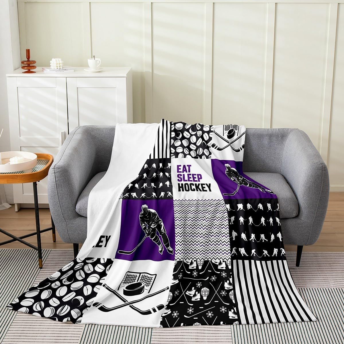 Erosebridal Ice Hockey Blanket Queen 90x90 for Kids Teens,Boys Hockey Throw Blanket Ultra Warm,Hockey Puck Fleece Blanket,Winter Sports Ball Game Bed Blanket Home Room Decor