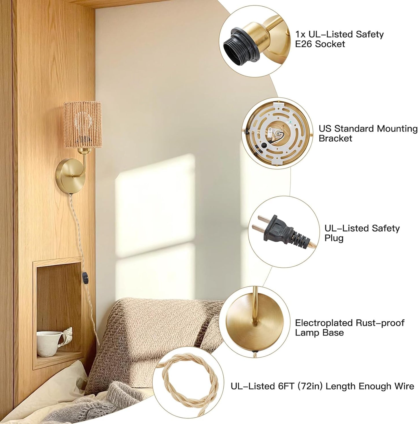 Wall Sconce Light Plug In Set of 2, Stepless Brightness Hand Woven Rattan Wall Light with Dimmable ON/OFF Cord Switch, Gold Brass Metal Wall Mounted Light, Boho Lamp for Bedside Bedroom Living Room