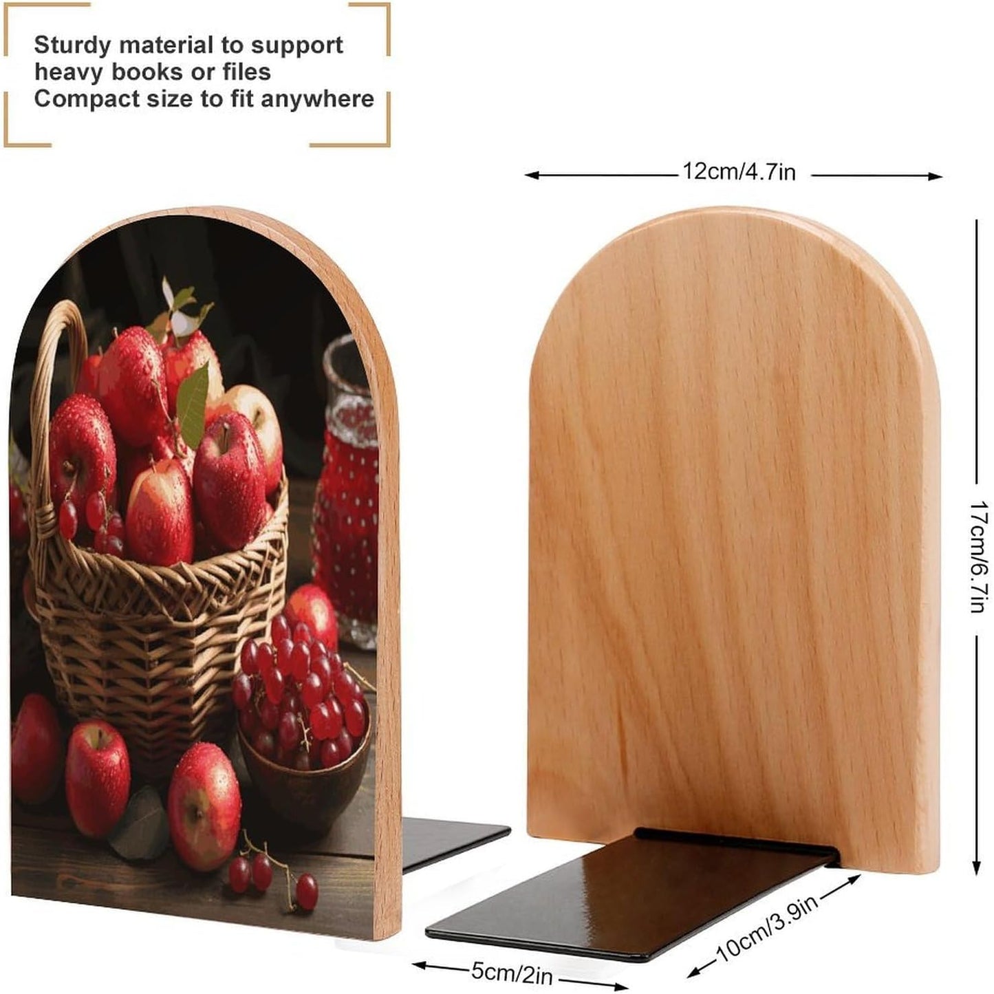 Red Fruit in A Basket Bookend for Shelves Wooden Book End Large Size Sturdy Book Holders Stoppers with Metal Base for Bookshelves Slick Decorative Bookends Stands