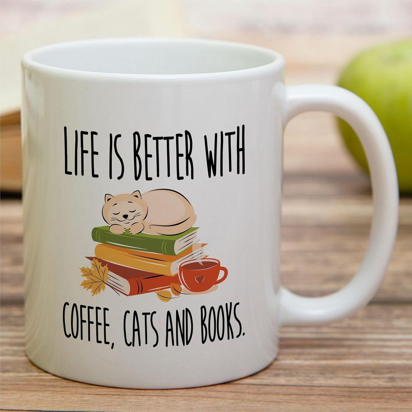 Retreez Funny Book Lover Mug - Life is Better With Coffee, Cats and Books Mug - 11 Oz Ceramic Coffee or Tea Cup - Hilarious Birthday Gift for Cat Lovers, Bookworms, Book Reader, Bookish, Coworker, Mom