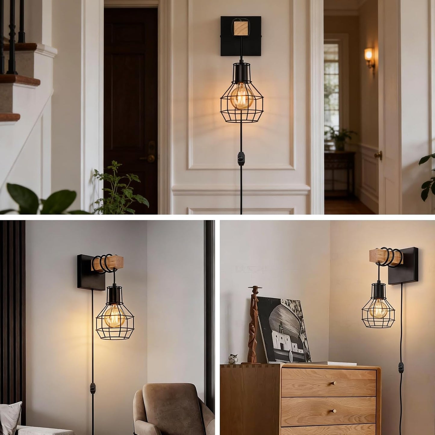 Lightess Plug in Wall Sconces Set of 2, Industrial Wall Mount Light Fixture with ON/Off Dimmable Switch Cord, Black Rustic Wall Lighting for Bedroom Living Room, Bulb Not Included