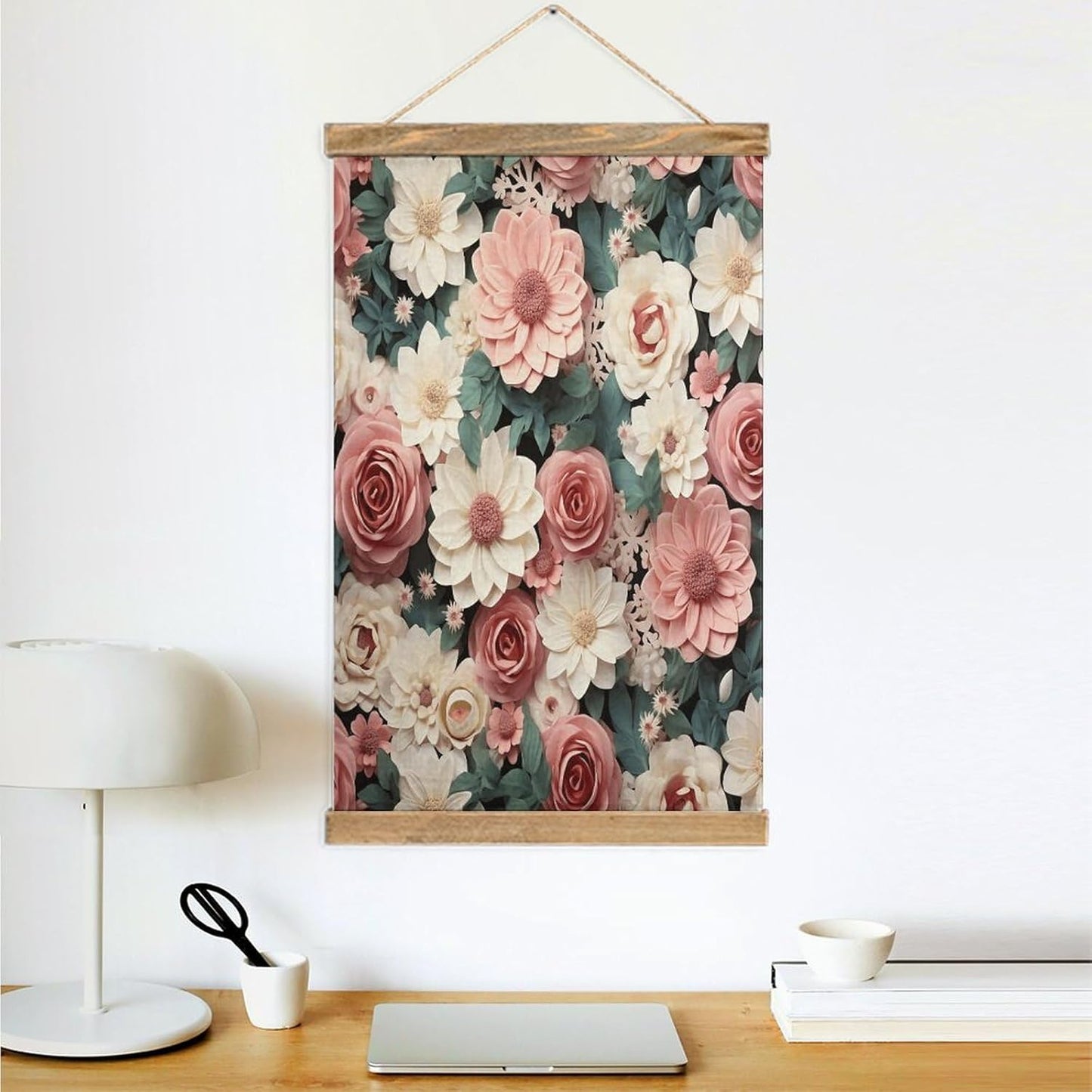 Vintage Flowers with Pink And Green Leaves Poster with Wooden Frame Personalized Linen Hanging Scroll Painting Rustic Wall Hanging Illustrative Modern Artwork Decor for Home Living Room Bedroom Office