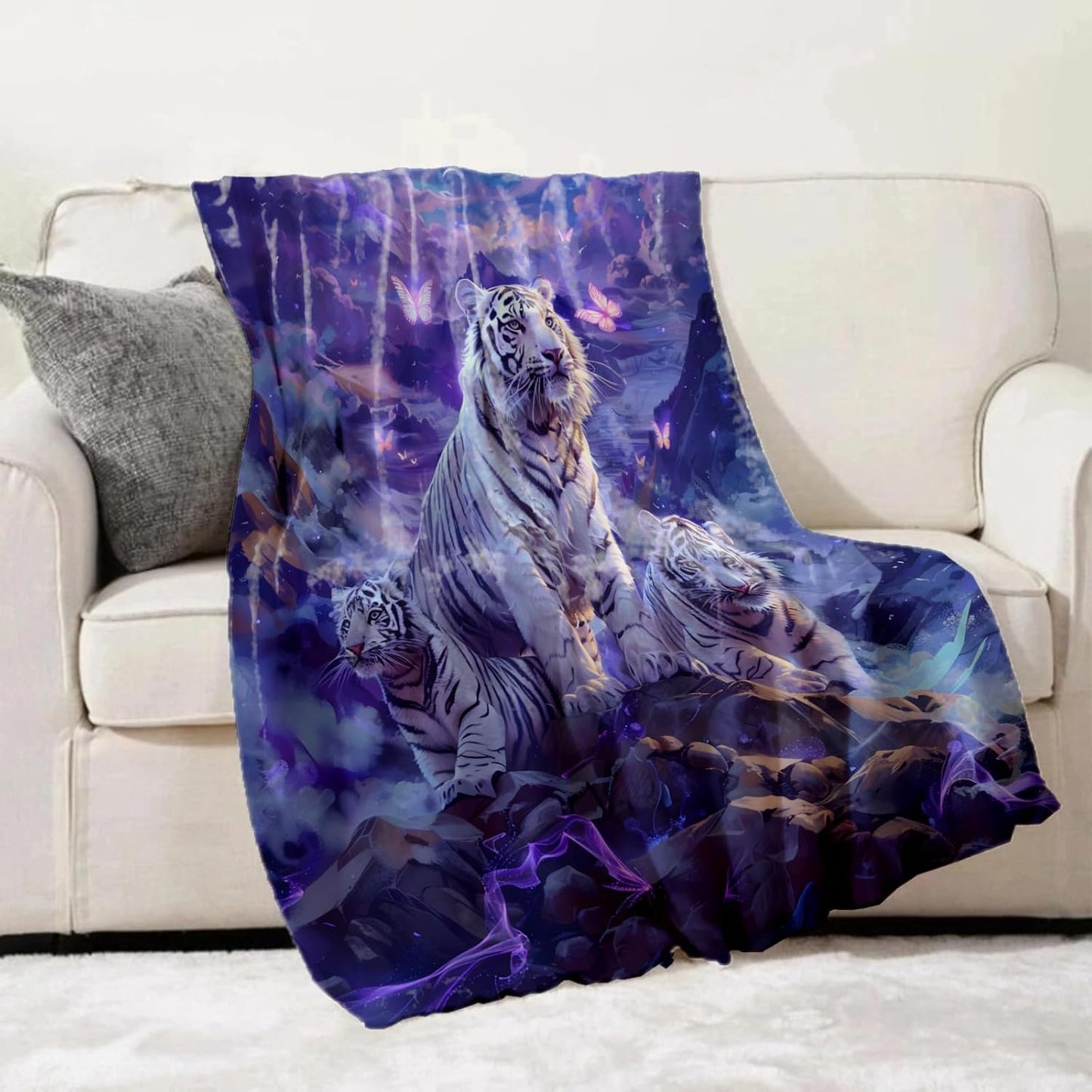 White Tiger Throw Blanket Gifts for Adults Kids, Fantasy Big Cat Blankets for Living Room Bedroom Decor, Fuzzy Warm Flannel Plush 50"x60"