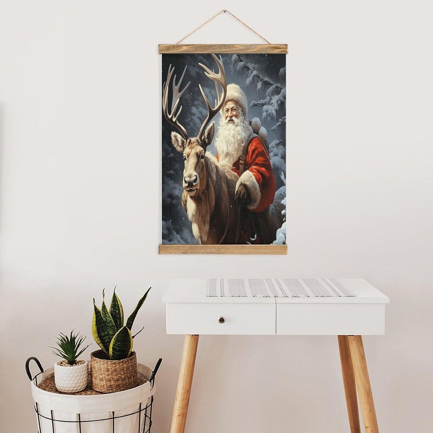 Vintage Santa Claus And Deer Elk Poster with Wooden Frame Personalized Linen Hanging Scroll Painting Rustic Wall Hanging Illustrative Modern Artwork Decor for Home Living Room Bedroom Office