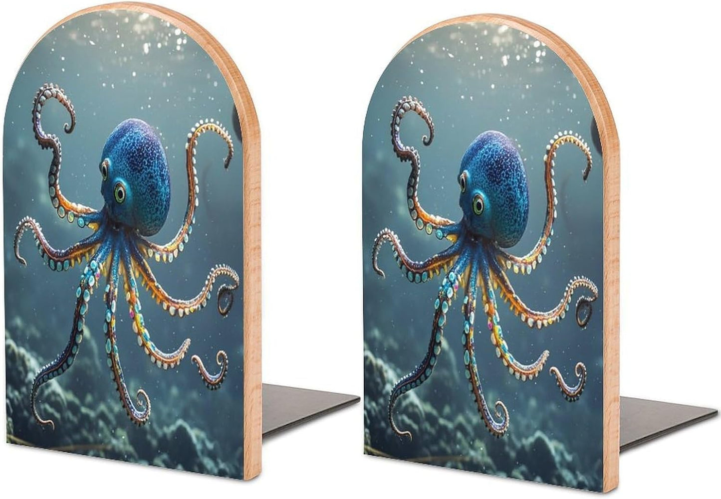 Octopus Bookends 1 Pair Heavy Duty Book Ends for Shelves Non-Skid Bookend Supports Wooden Book Holders with Metal Base Desk Organizers Books Storage to Hold Books