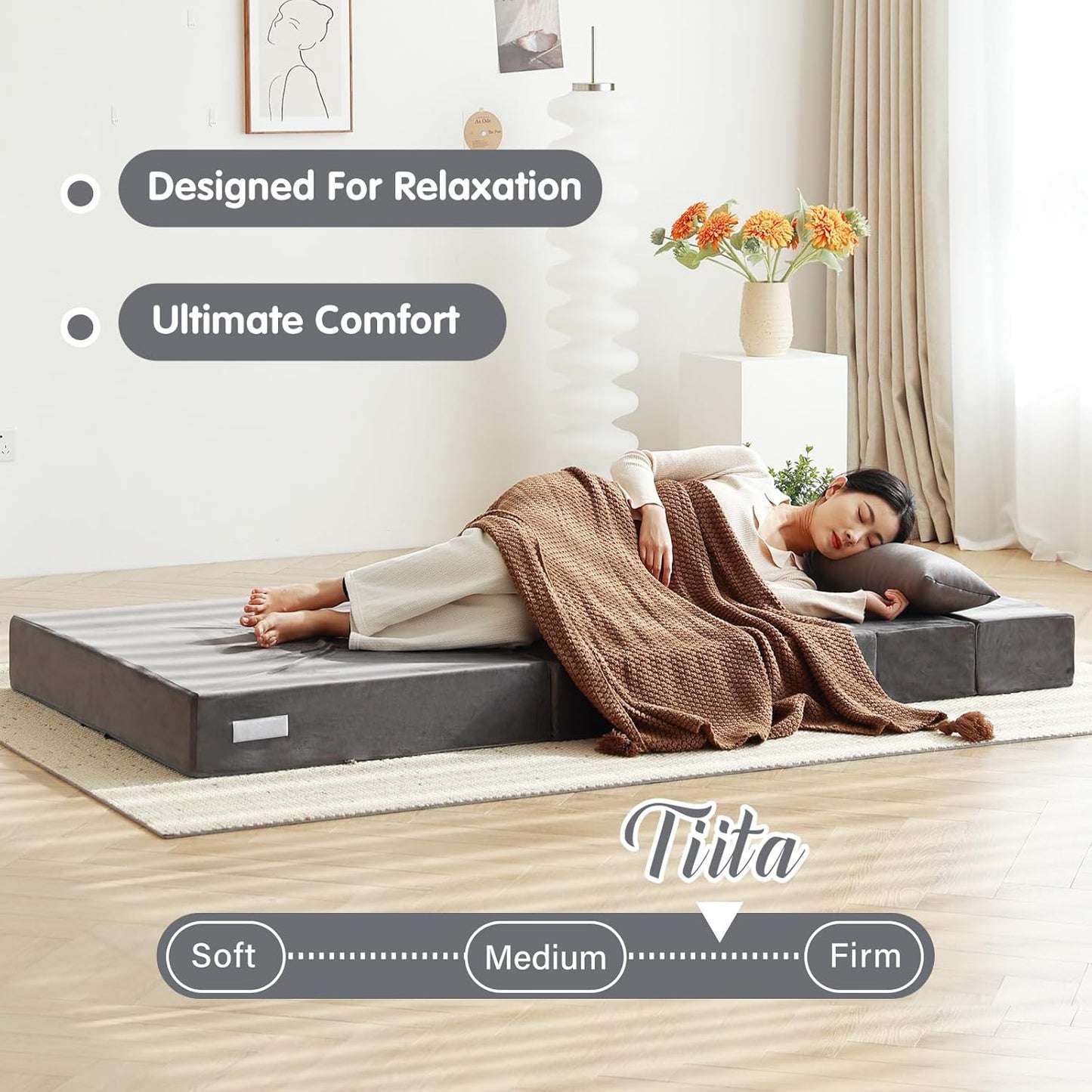 Tiita Folding Sofa Bed Couch, Single Size Foldable Futon Chair with Pillow, Folding Sleeper Sofa Chair Bed Floor Mattress for Guest Room, Living Room, Beige