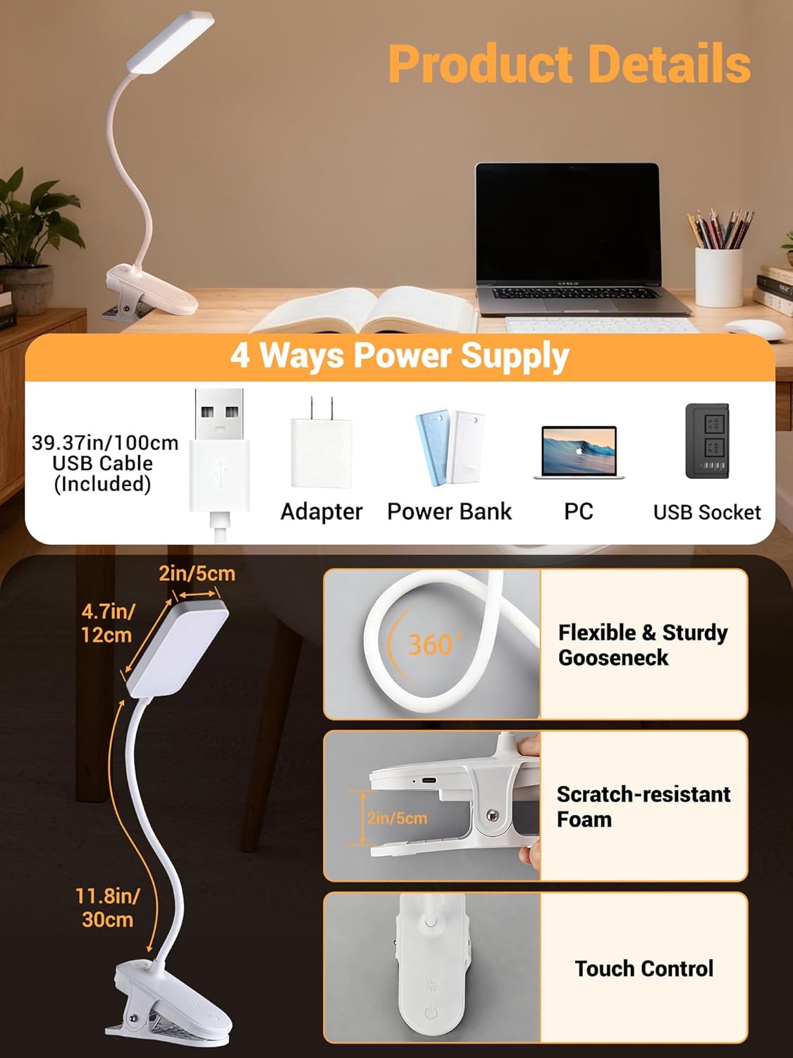 Clip on Light,9 Brightness+5 Color Clip on Lamp with 4000mAh Battery,450 Lumen Rechargeable Desk Lamp with Clamp,48 LED Reading Light for Bed,Cordless Reading Lamps for Bed/Headboard/Craft