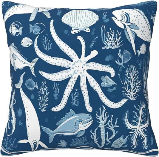All-Season Square Pillow Covers 18"X18", Sea Animals, Decorative Throw Pillow Covers for Sofa Bed Couch, Hidden Zipper Cushion Cover, Square Lumbar & Accent Pillowcases for Home Decor