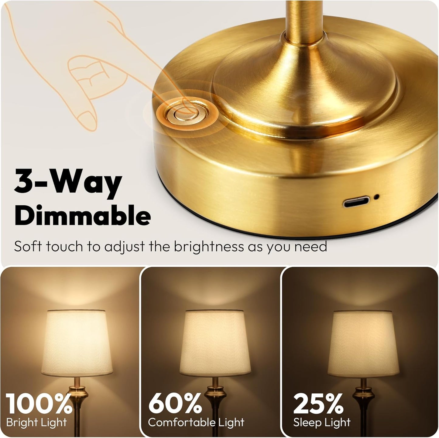 NIORSUN Portables Cordless Table Lamp Set of 2, Battery Operated Lamp, Bedside Table Lamp with Warm White,3 Way Dimmable Touch Desk Lamp for Bedroom Living Room Restaurant Whtie Shade (Gold)