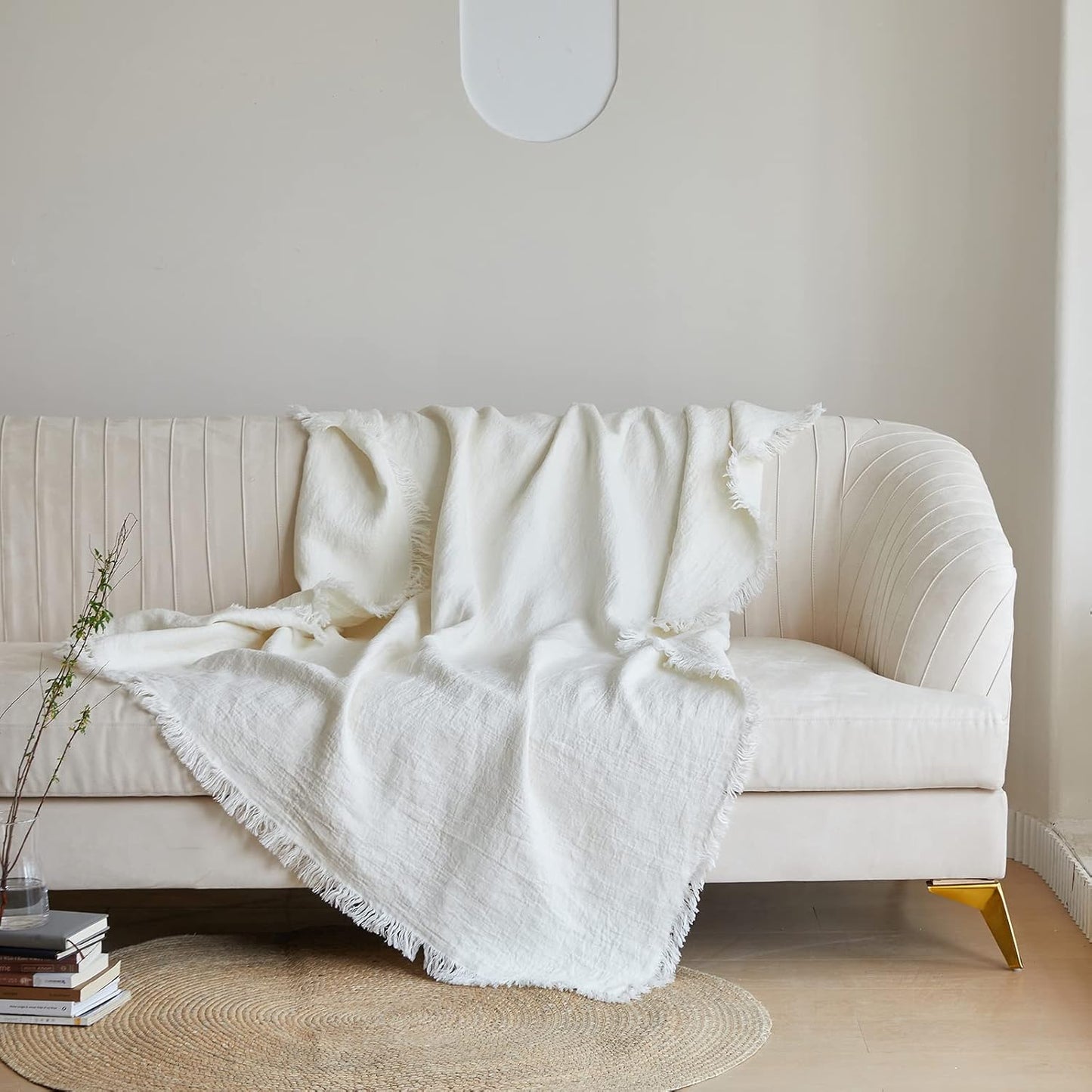100% Linen Throw Blanket with Fringe for Couch/Bed/Sofa/Gift, Natural Washed Flax Solid Color Soft Breathable Cozy Farmhouse Boho Home Décor - White, 55"x75"