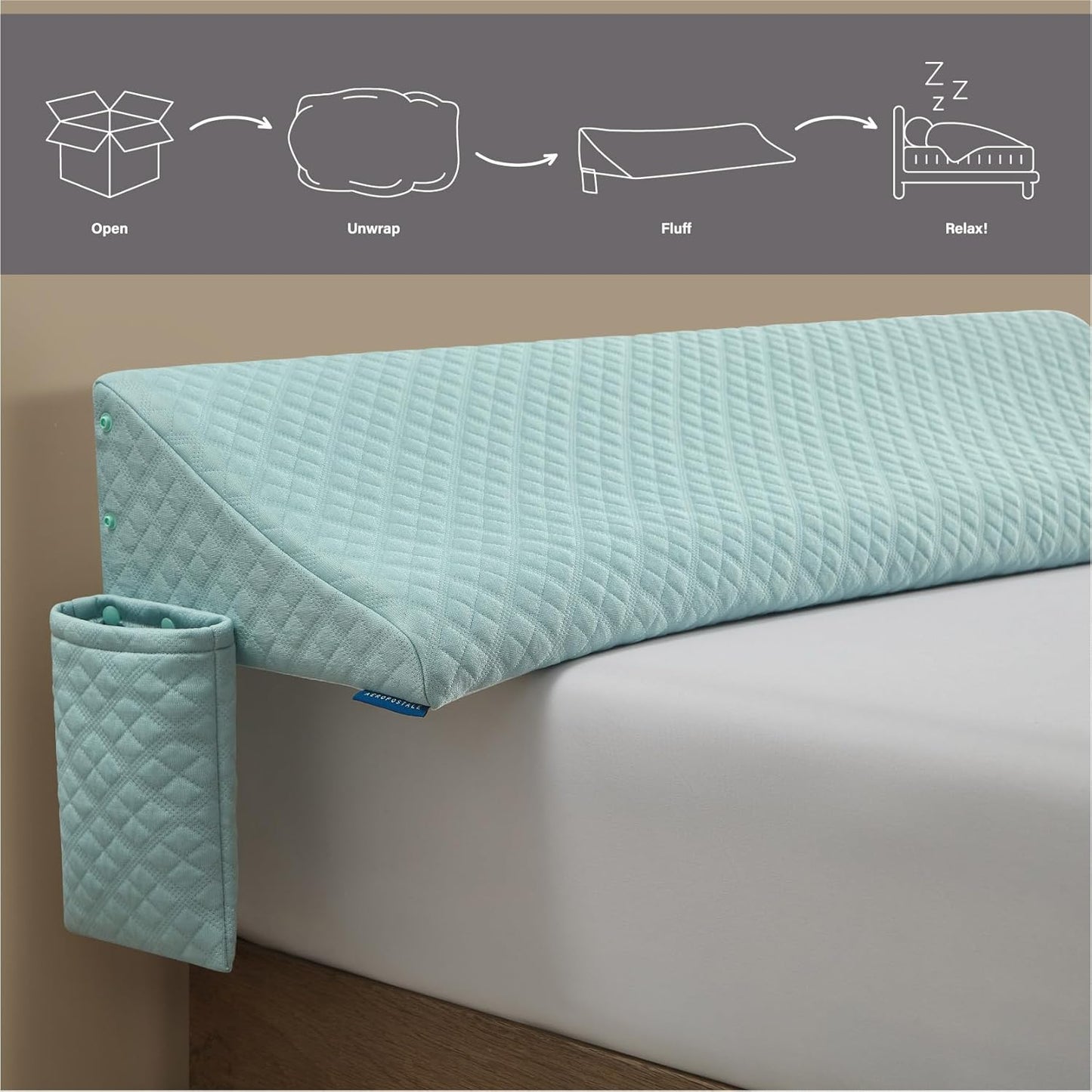 Aeropostale Foam-Filled Bed Wedge Pillow for Twin Beds – Dorm, Kids & Teen Rooms – Headboard Gap Filler with Side Pocket for Bedside Essentials, Mint