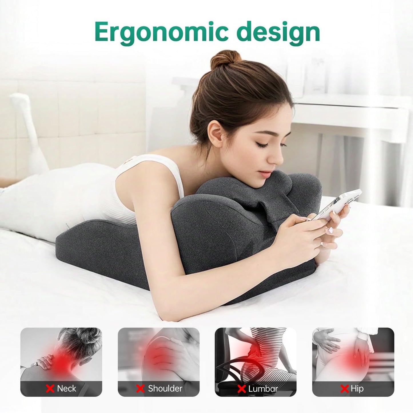 Memory Foam Ergonomic Support Pillow & Leg Elevation Cushion - Memory Foam Back Support for Bed Sitting, Reading & Daily Relaxing, Removable Washable Cover, Gray