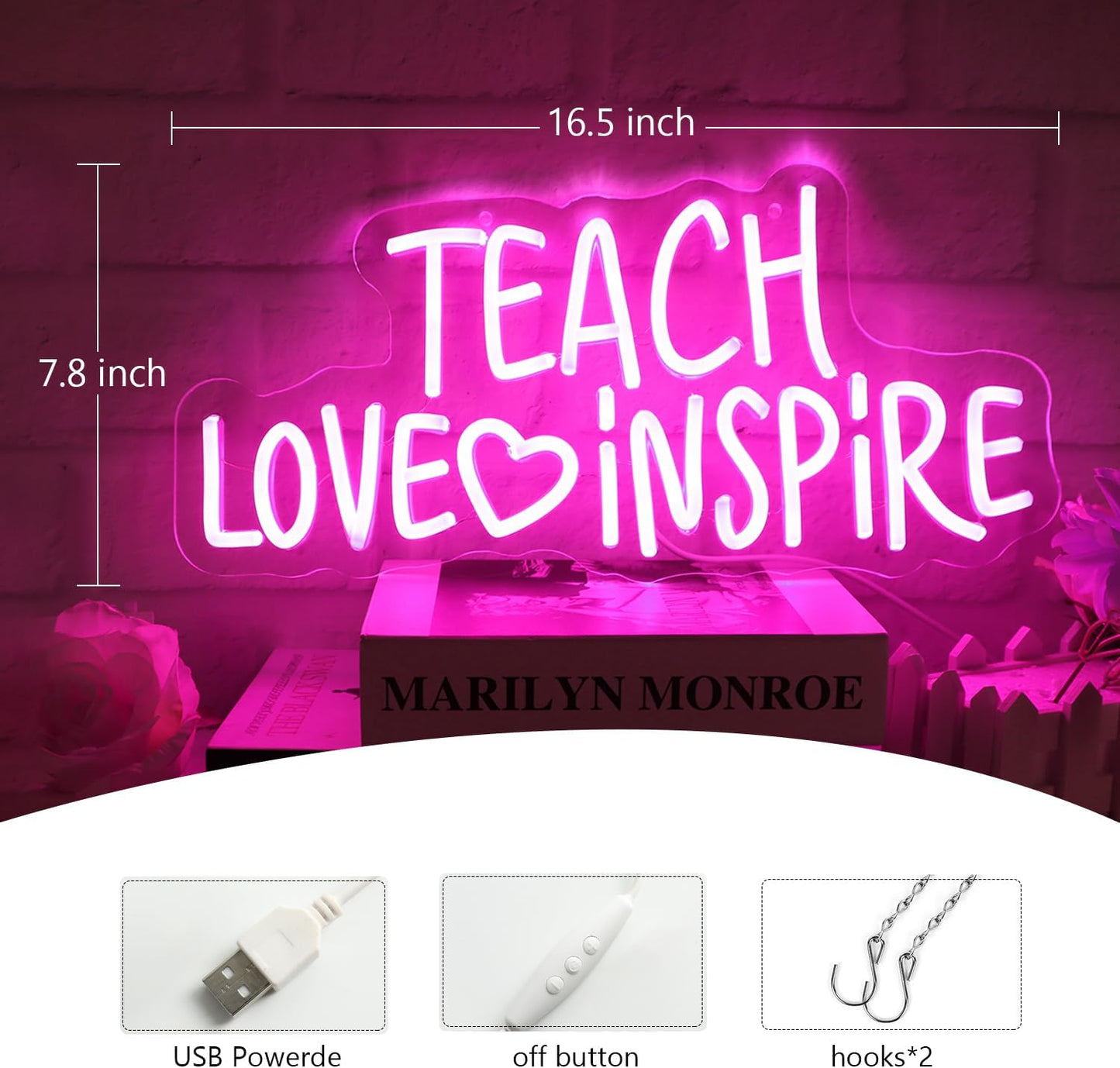 JFLLamp TEACH LOVE INSPIRE Neon Signs for Wall Decor Neon Lights for Bedroom Led Signs Suitable for Man Cave Living Room Beer Bar Game Office Hotel Birthday Party 5v USB Power 16.5 * 7.8Inches(Pink)