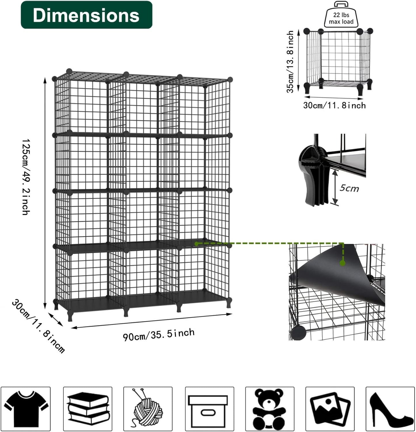 AWTATOS Wire Cube Storage Organizer, Closet Organizers and Storage, Metal 12 Cube Storage Shelves Bookshelf, Portable Closet Clothes Organizer for Bedroom, Home, Office, Black