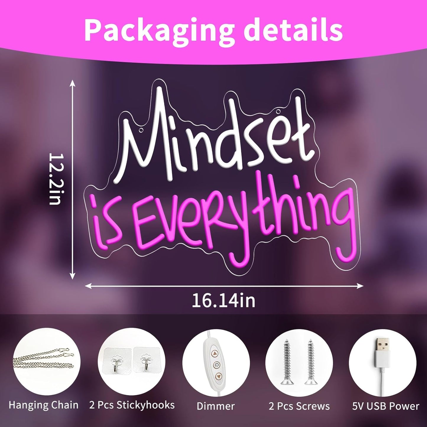 Mindset is Everything Neon Sign Dimmable LED Light Up Sign，USB Powered Positive Quotes Motivational Neon Light for decoration, back-to-school season, graduation season, student gifts