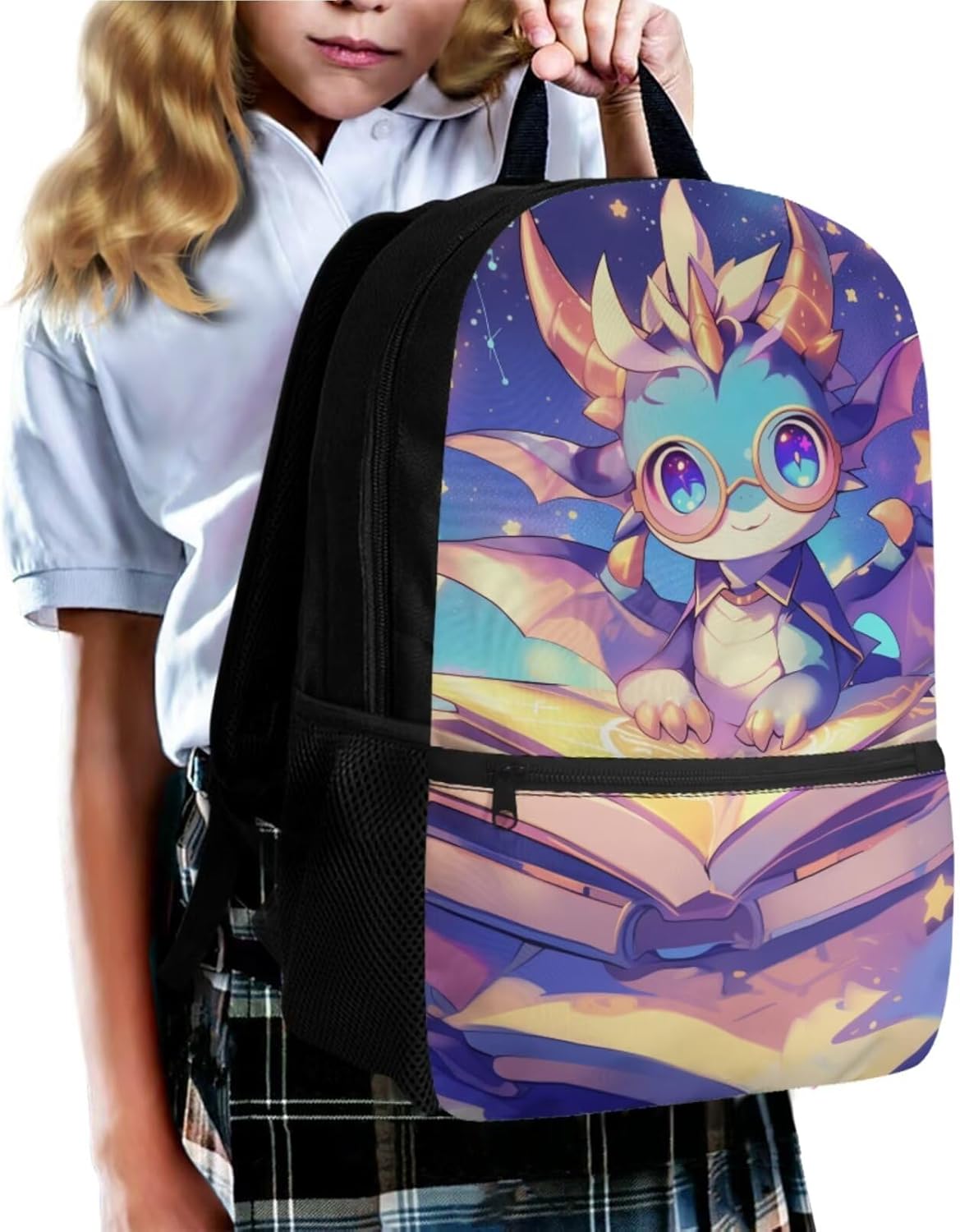 Dragon Backpack for Girls 4-in-1 Back to School Set, Dragon Read Book Design Backpack with Lunch Box, Pencil Case & Water Bottle Sleeve for Kids Age 8-10 Elementary Bookbags