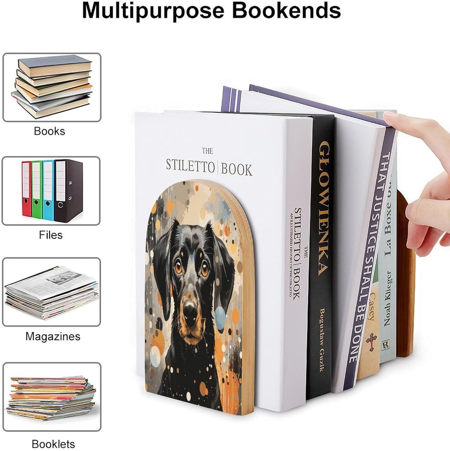 Colorful Polka Dots and Dog Bookend for Shelves Wooden Book End Large Size Sturdy Book Holders Stoppers with Metal Base for Bookshelves Slick Decorative Bookends Stands