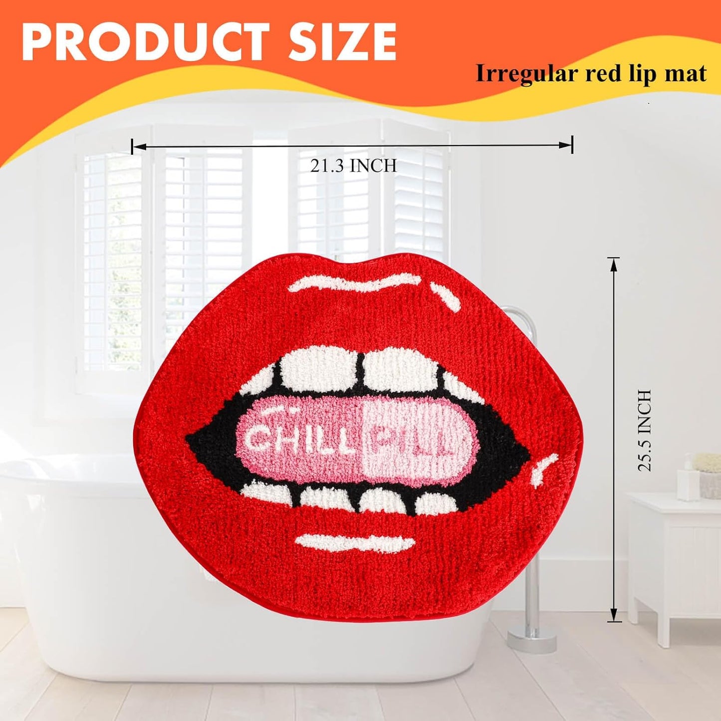 Red lips Bath Mat for Bathroom, Valentine Red Lips Bathroom Rug Non-Slip for Shower, Soft Absorbent Microfiber Bathtub Lips Rugs, Funny Cute Chill Pill Small Washable Floor Mats Kids Room Decor