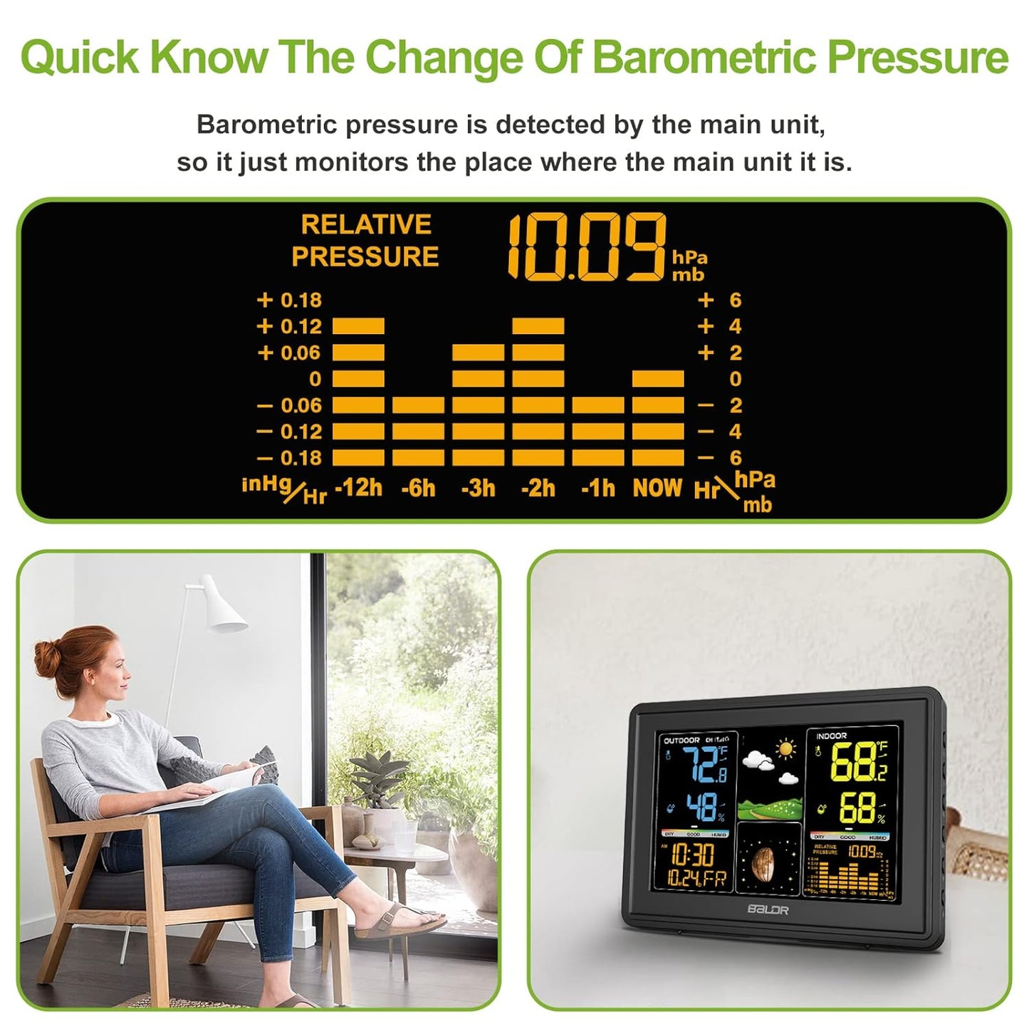 BALDR Weather Station Indoor Outdoor Thermometer Digital Color LCD Moon Phase Barometric Pressure Temperature Humidity Monitor