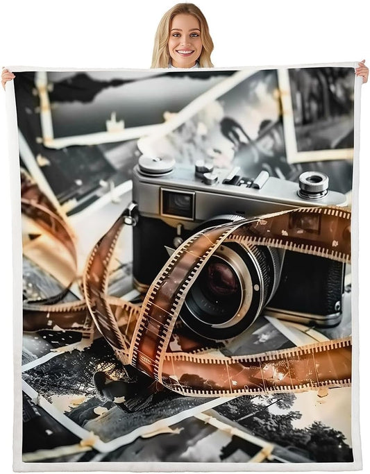 Photography Theme Throw Blankets,Vintage Photographic Film Bed Blanket,Kids Teens Woman Men Old Camera Photo Fleece Blankets Retro Black Office Chair Sofa Decor,90"×90"