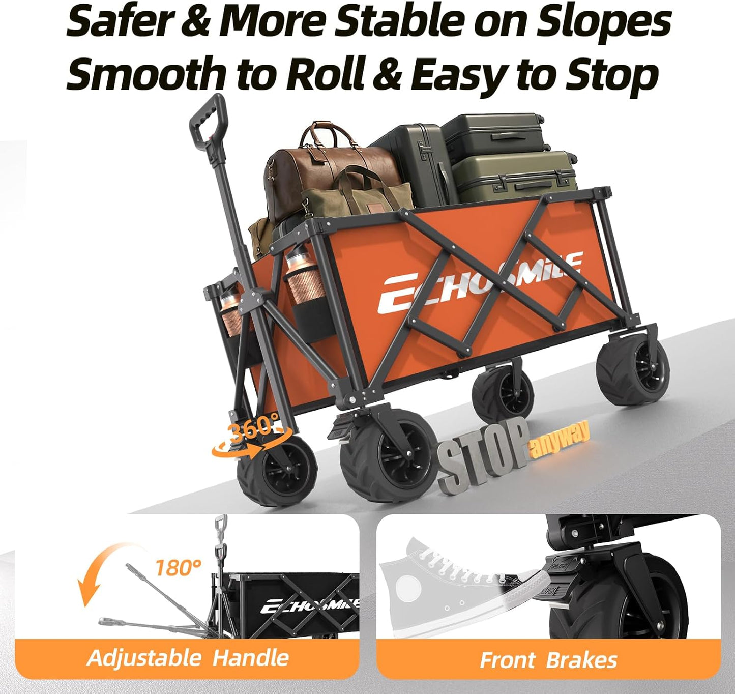 EchoSmile Collapsible Folding Wagon Cart with Compact Storage - 400Lbs Capacity All Terrain Utility Cart for Camping, Beach, Grocery, Gardening(Orange)