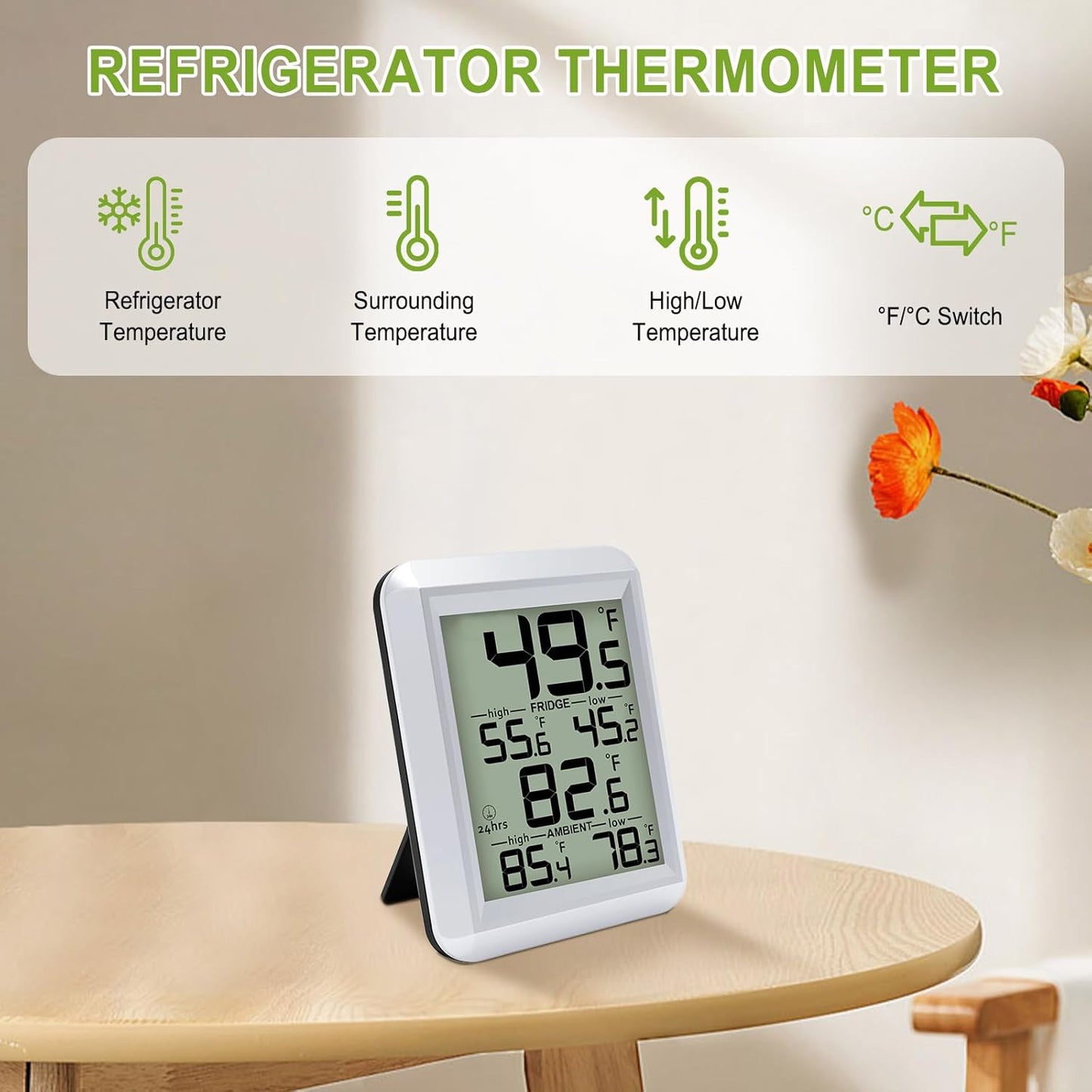 Refrigerator Thermometer, Urageuxy Fridge and Freezer Temperature Monitoring, Digital Freezer Room Thermometer with Magnetic Back