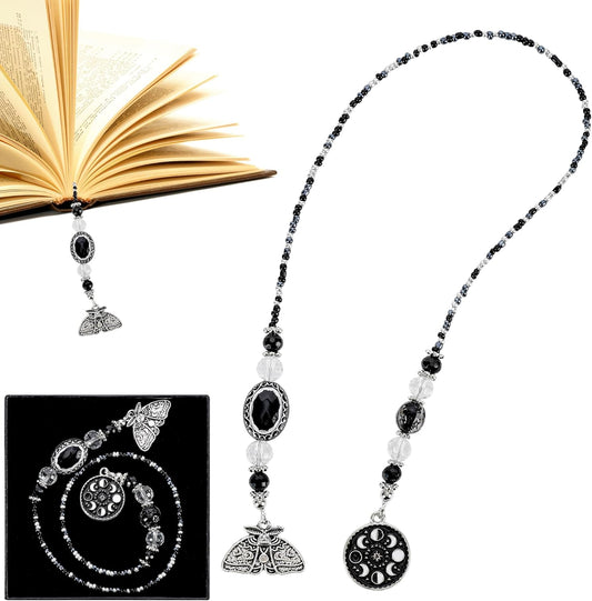 Gothic Moth Bookmark Gifts - Black Halloween Beaded Bookmarks for Women Men Book Lovers Moon Crystal Bead Chain Page Marks School Office Home Reading Accessories Bookish Gift for Birthday