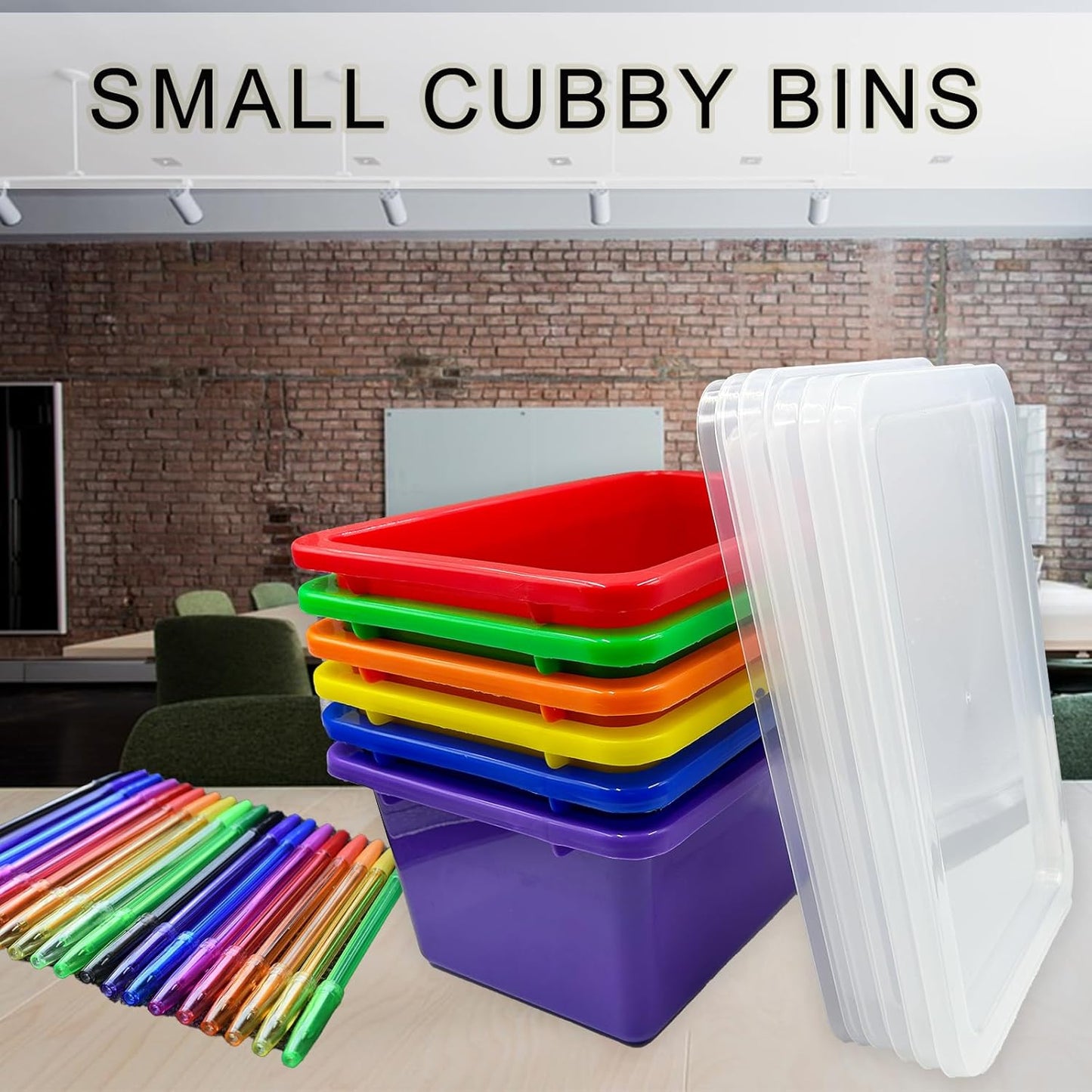 6 Pack Colored Bins with Lids, 5 Qt Plastic Cubby Bins Storage Bins Stackable Toy Bins Organizer for Classroom, Home