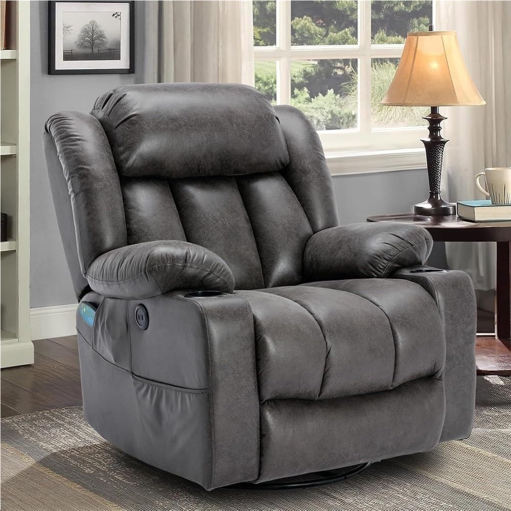 Power Swivel Glider Recliner with Lumbar Heat & Vibration Massage, Large Electric Rocking Chair with USB Ports, Cup Holder & Side Pockets – Home Theater Recliner for Living Room