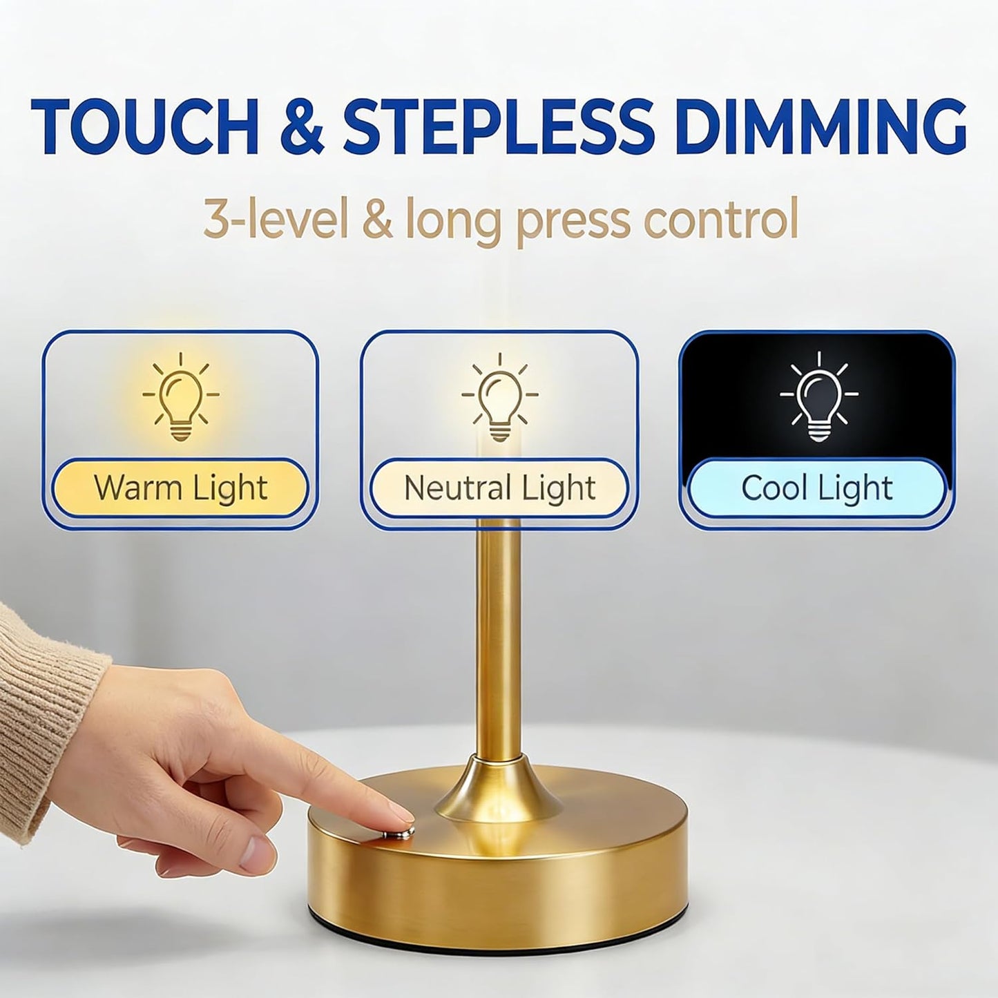 Gold Cordless Table Lamp, Rechargeable Portable Lamp with 5200mAh Battery, 3-Color Touch Control & Stepless Dimming, Adjustable Height for Bedroom, Nightstand, Desk – 14H Wireless Lamp with USB-C Gold