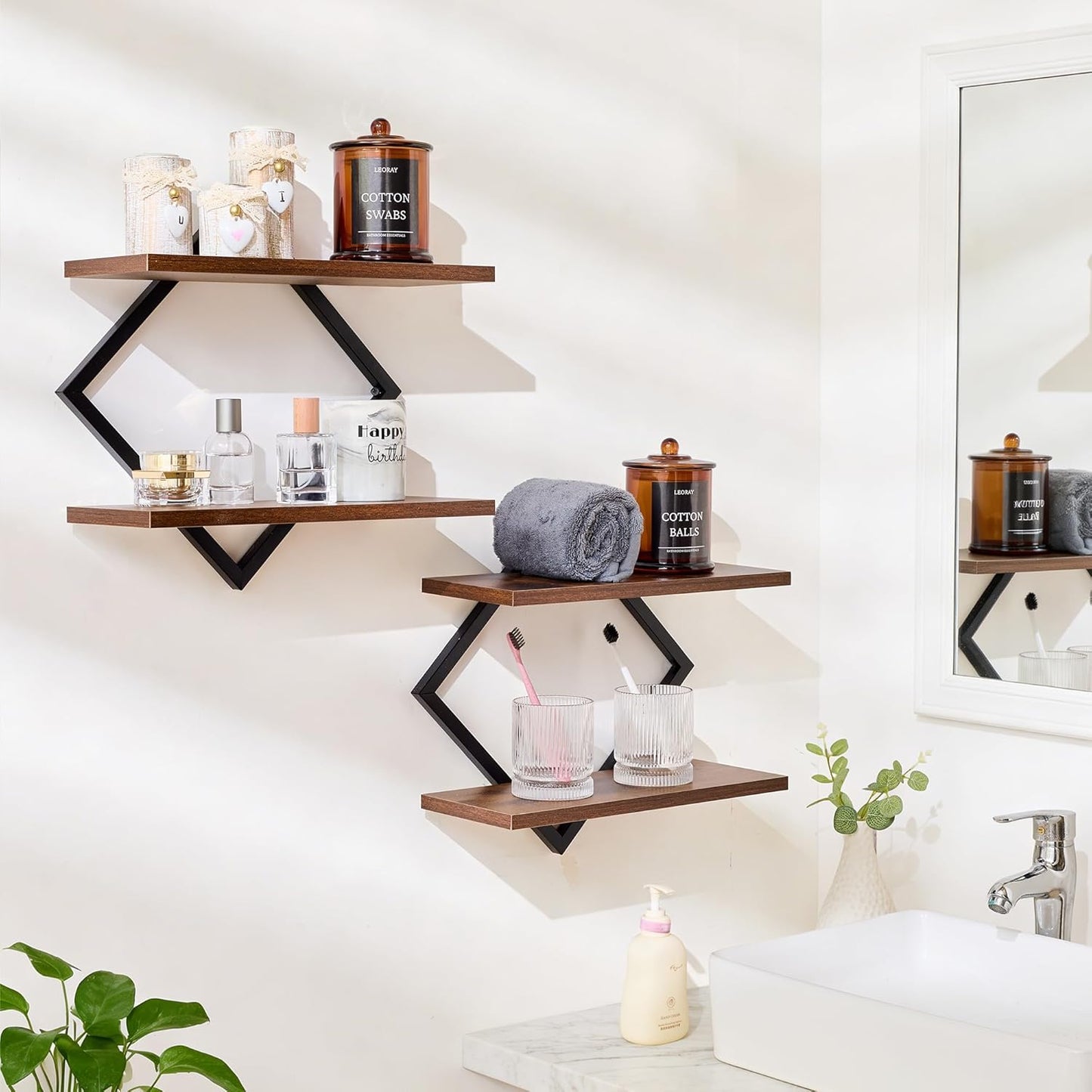 Set of 2 Floating Shelves Farmhouse Wall Shelves 2-Tier Decorative Hanging Shelves Wall Mounted Bathroom Shelves Wooden Wall Decor Shelf (Brown)