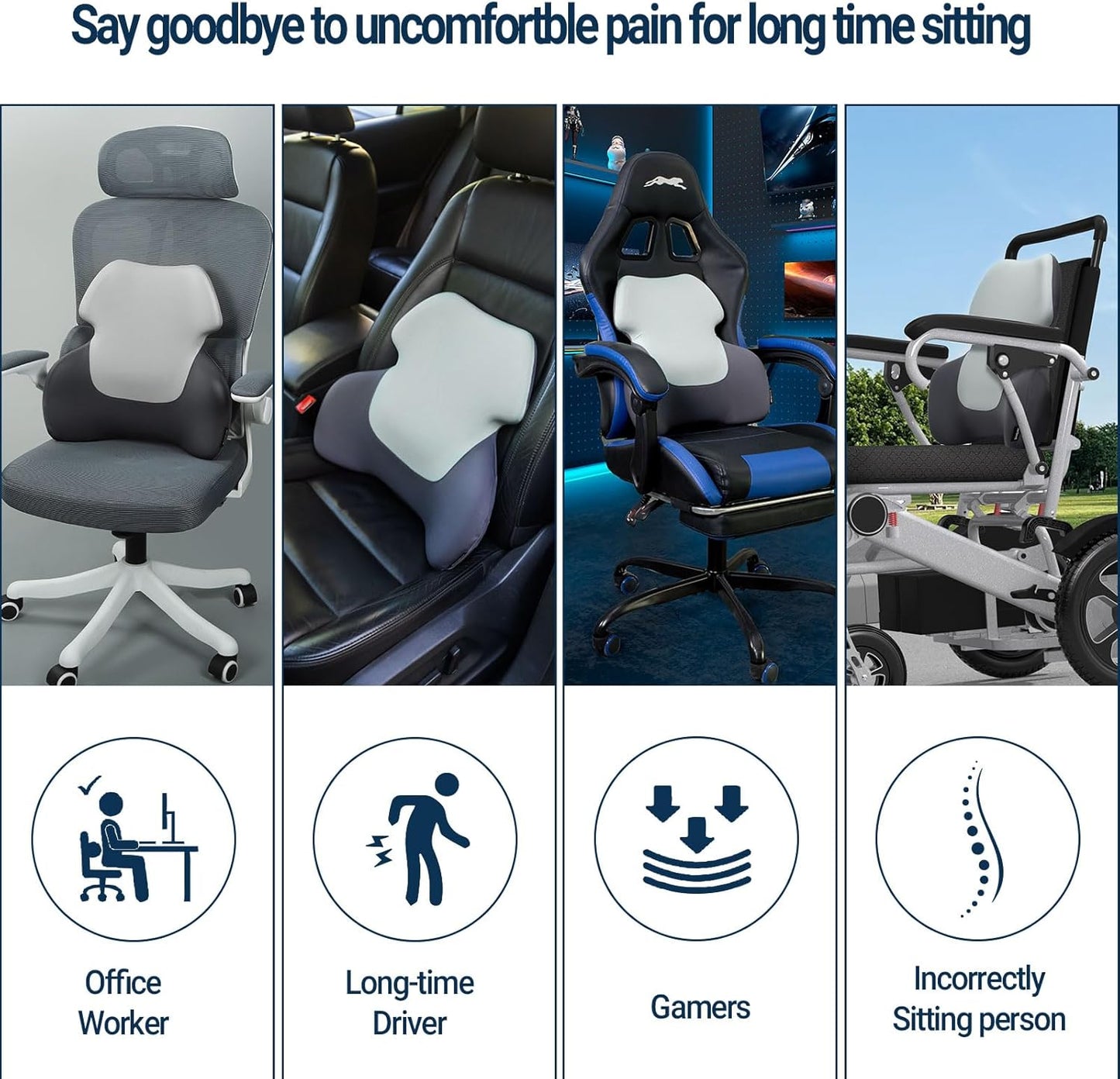 Long Back Lumbar Support Pillow - Fully Entire Back Support - Back Pain Relief and Posture Improved - Memory Foam Back Pillow Cushion for Office Chair, Gaming Chair, Recliner, Car Driving, Grey